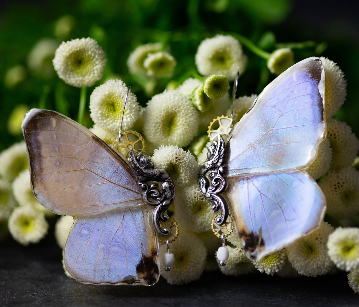 Boucles d'oreille Sphynx Morpho Sulkowskyi holographique – reflets blanc bleu vert violet | Victorian Rehab