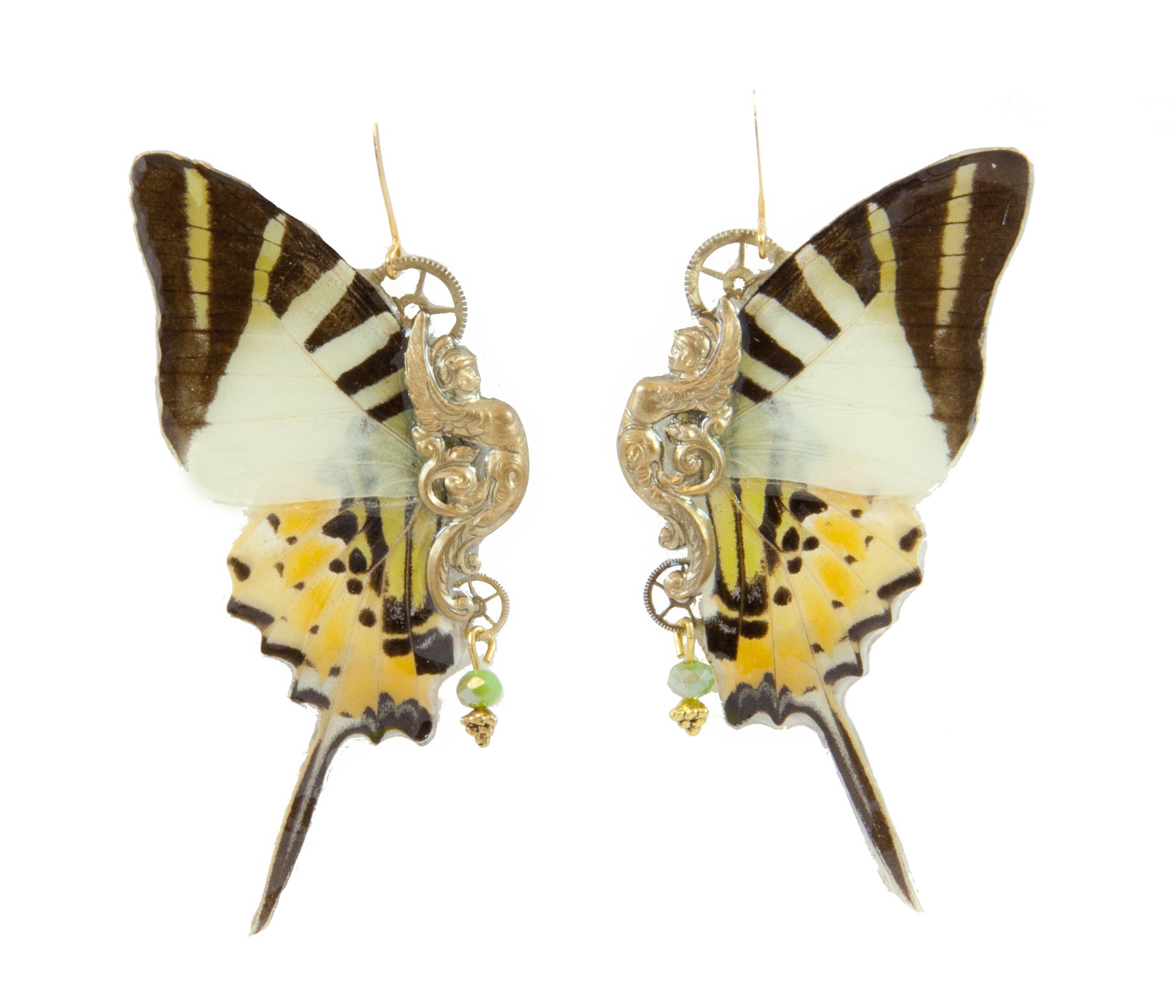 Détail boucles Sphynx Graphium – aile papillon noir jaune blanc laiton doré engrenage fait main