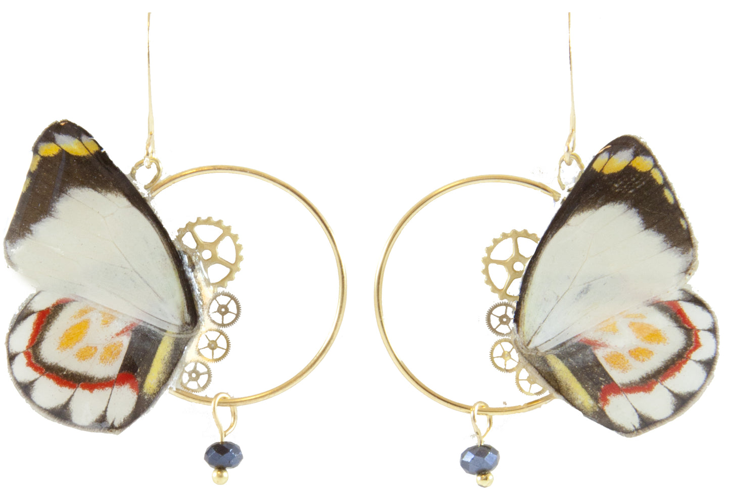 Détail boucles Minimago Delias Flavistriga – aile papillon noir blanc jaune rouge laiton doré engrenage