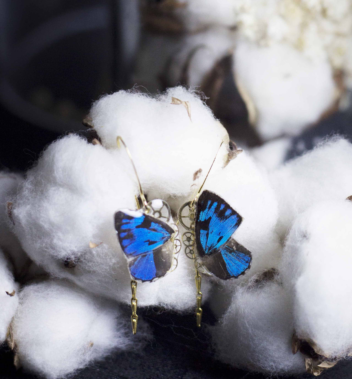 Boucles d'oreille Aponi papillon Poritia bleu noir – engrenage horlogerie Art Nouveau | Victorian Rehab