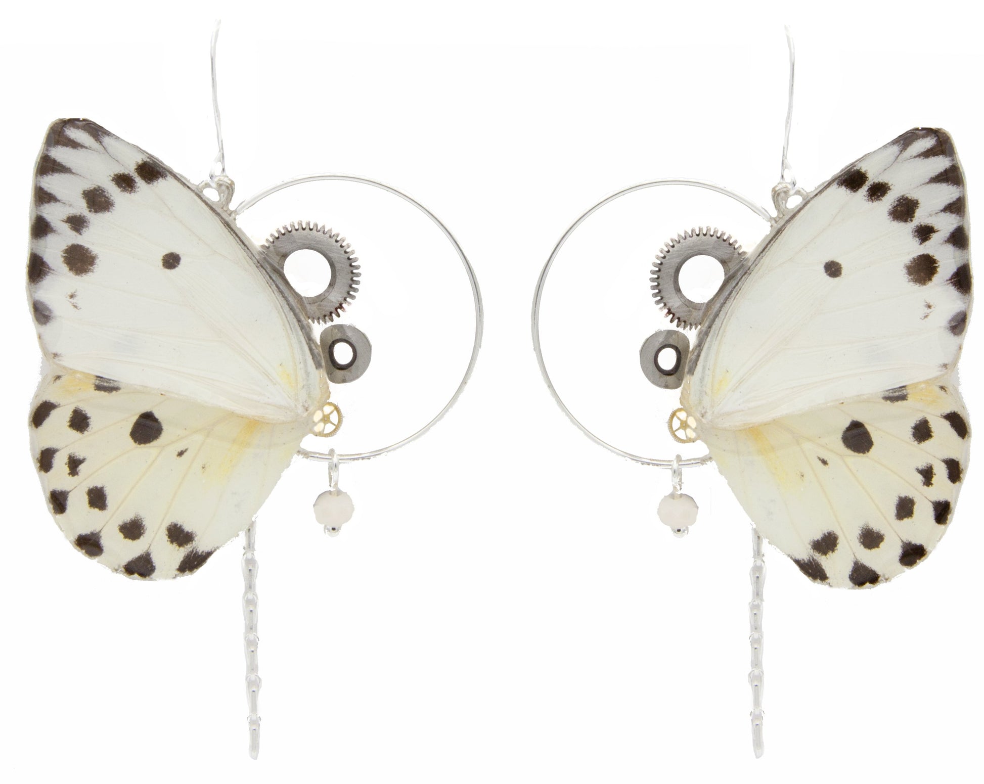 Boucles Imago Calypso version dorée – papillon blanc noir engrenage doré Victorian Rehab