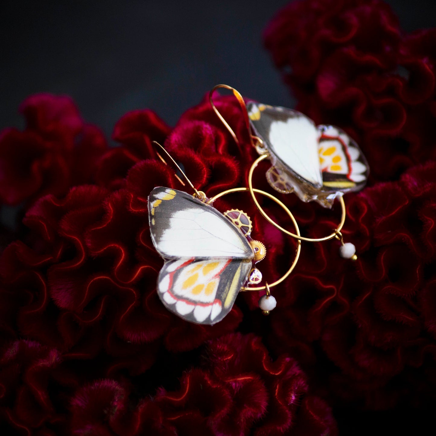 Boucles d'oreille Minimago papillon Delias Flavistriga noir blanc jaune rouge – doré | Victorian Rehab