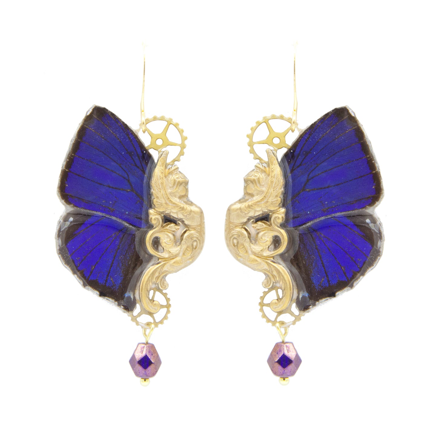 Détail boucles Sphynx Arhopala Hercules violet – aile papillon violet métallique laiton doré fait main