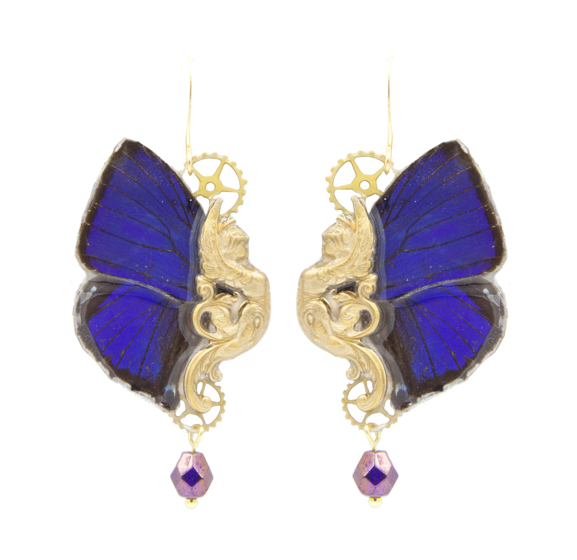 Détail boucles Sphynx Arhopala Hercules violet – aile papillon violet métallique laiton doré fait main